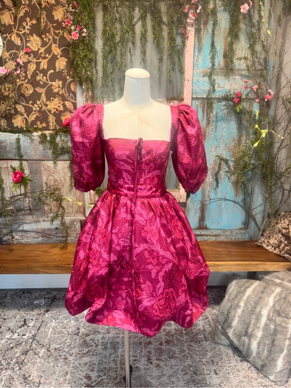 BHLDN Anthropologie Chloe Puff-Sleeve Square-Neck Jacquard Mini Dress XS
